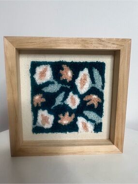 Handmade Teal, White & Peach Floral Textile Wall Art - 7”x7”